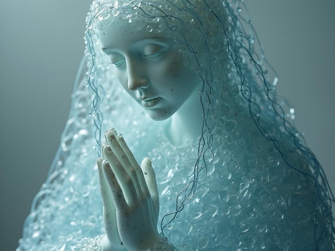 Serene Sculpture with Translucent Veil and Prayer Hands