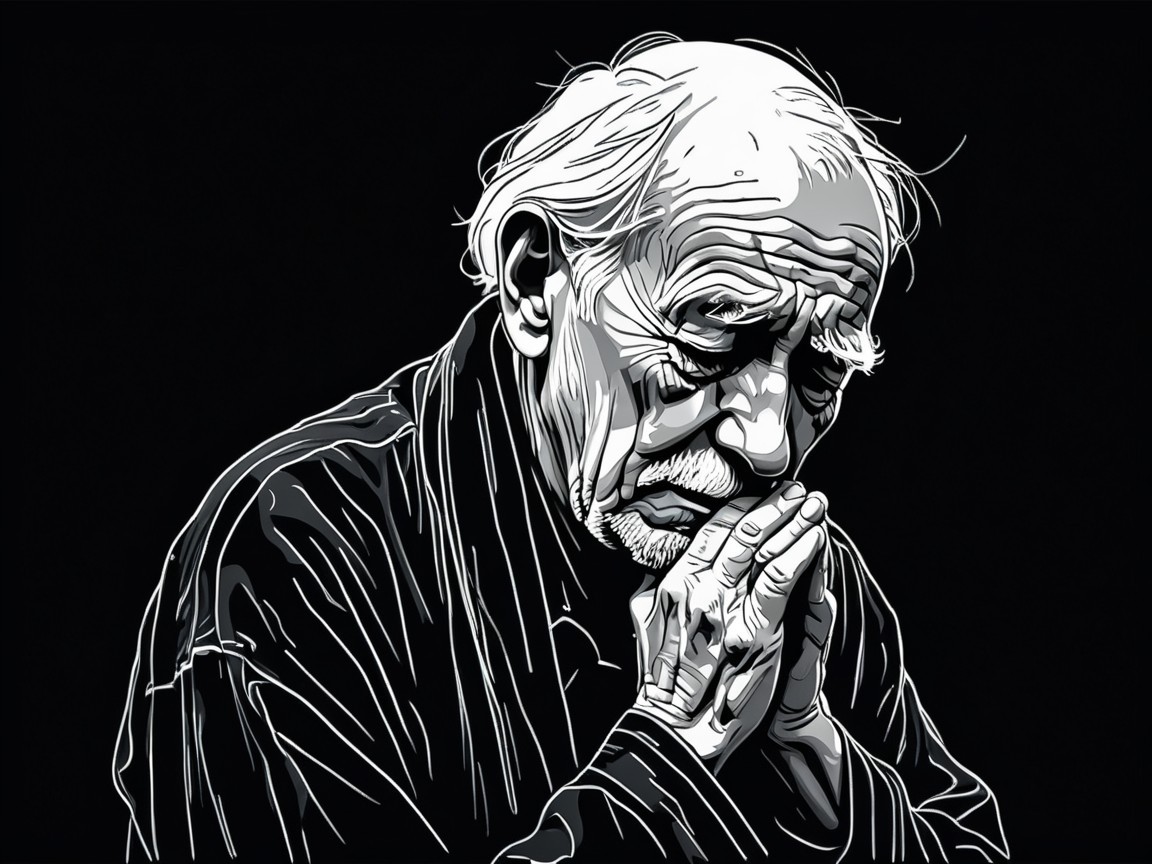Elderly Man in Contemplation with Dark Robe and Prayer