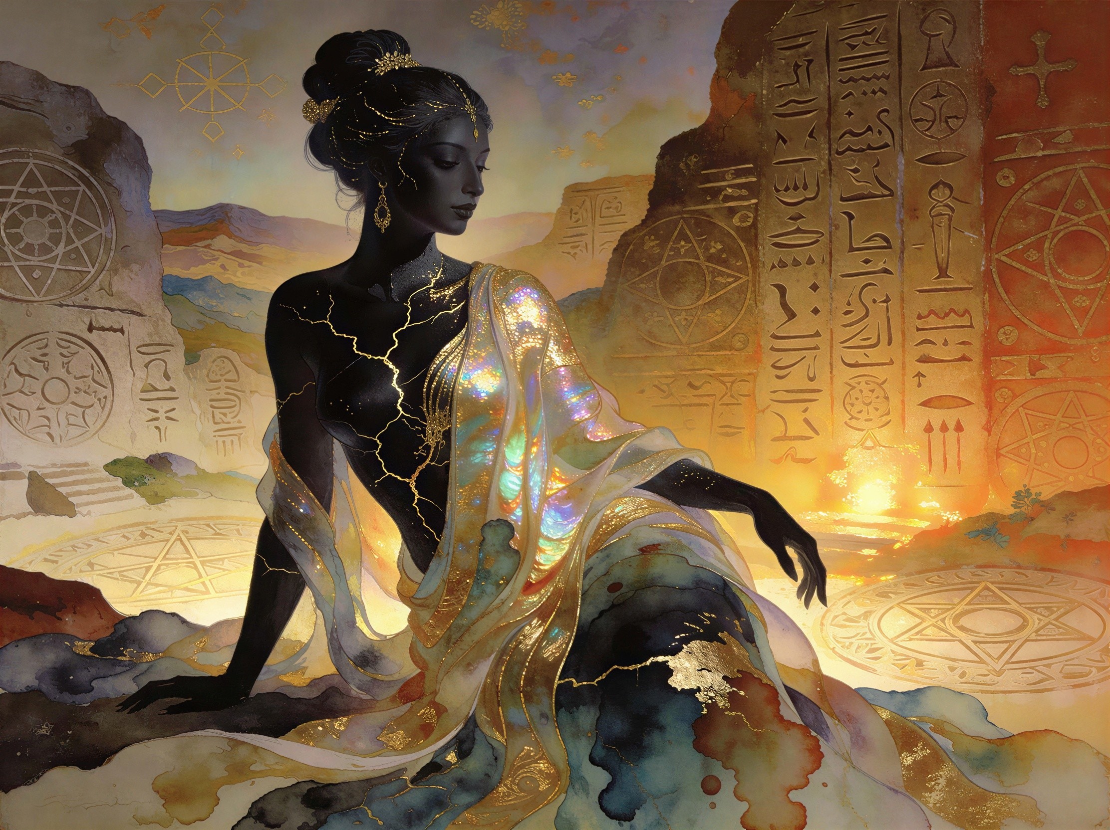 Goddess figure with golden cracks and shimmering cape