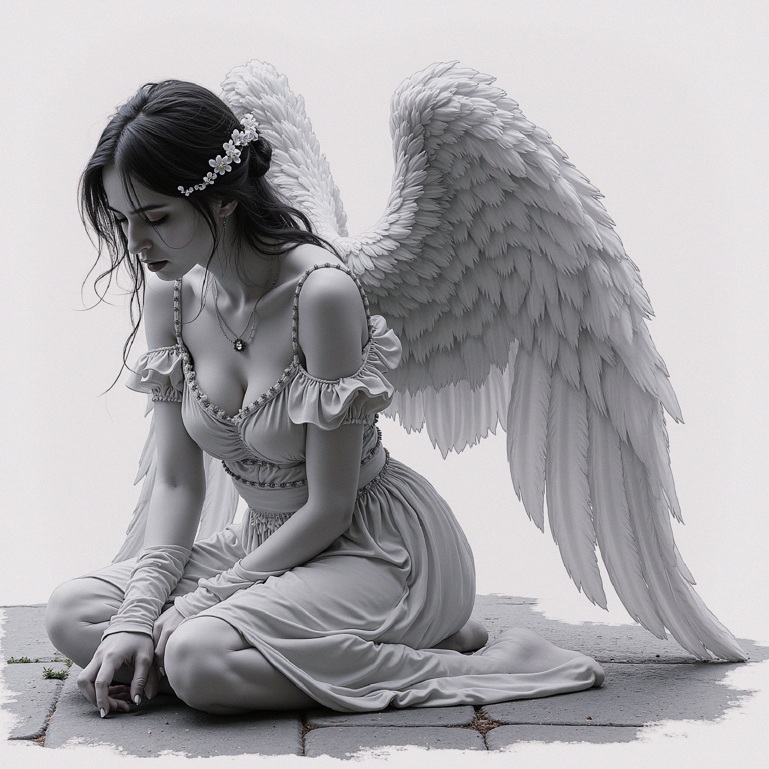 Mystical Figure with Wings in Monochromatic Tones