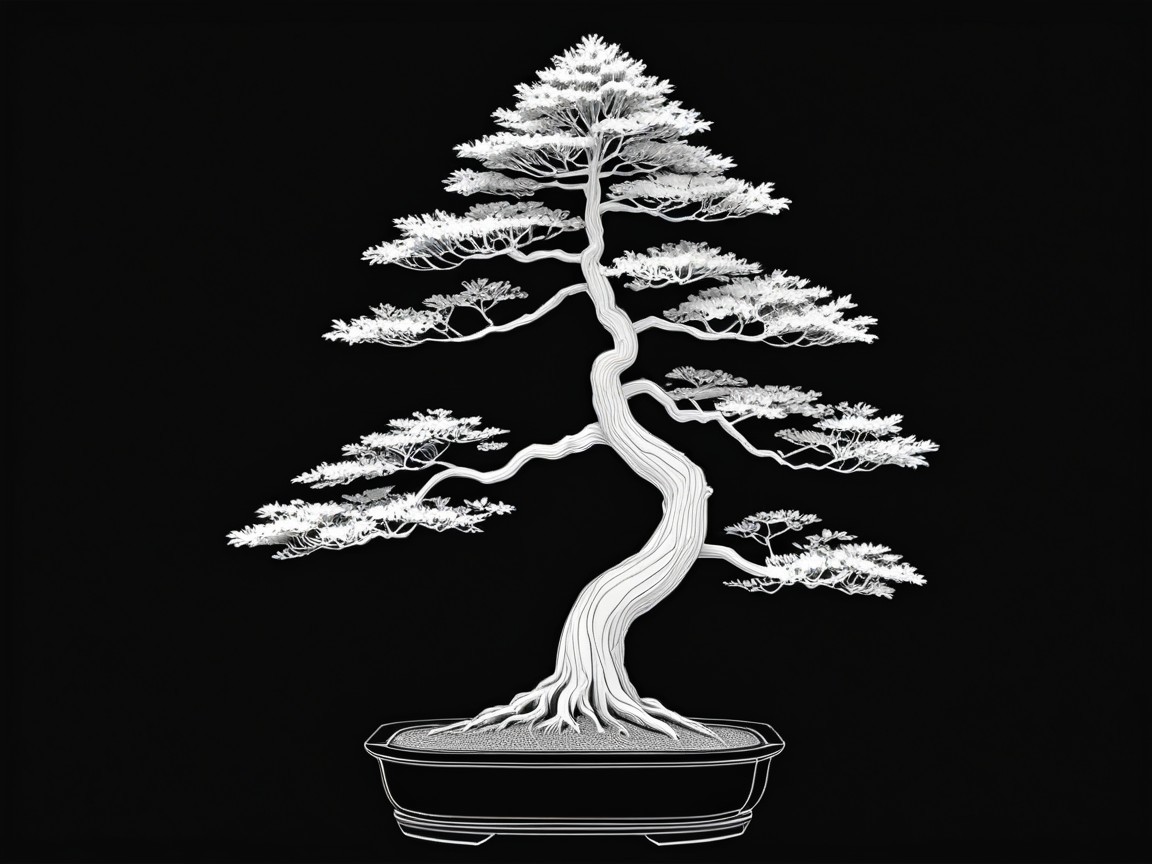 Stylized Bonsai Tree with Intricate Branches and Leaves