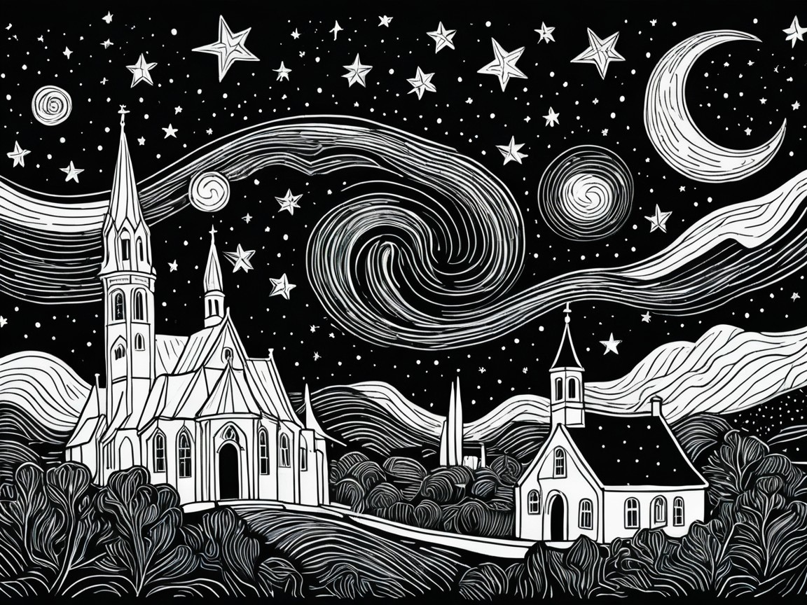 Black-and-white landscape with churches and swirling stars