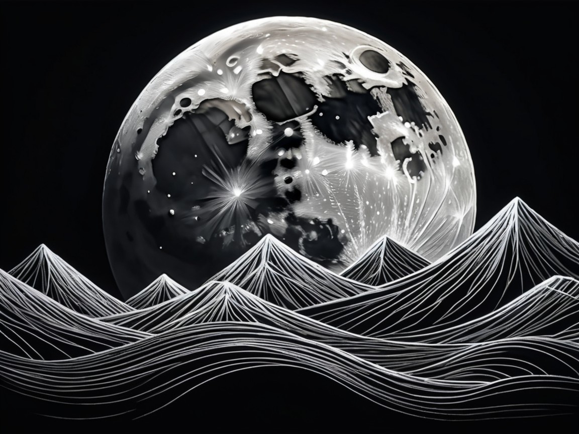 Monochromatic Moonlit Mountains with Wavy Lines