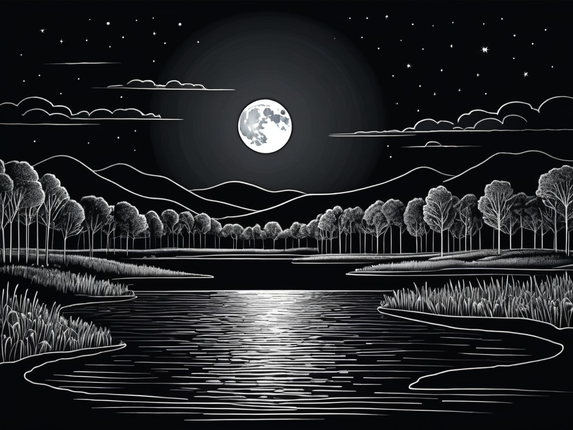 Black-and-white landscape with river and moonlight