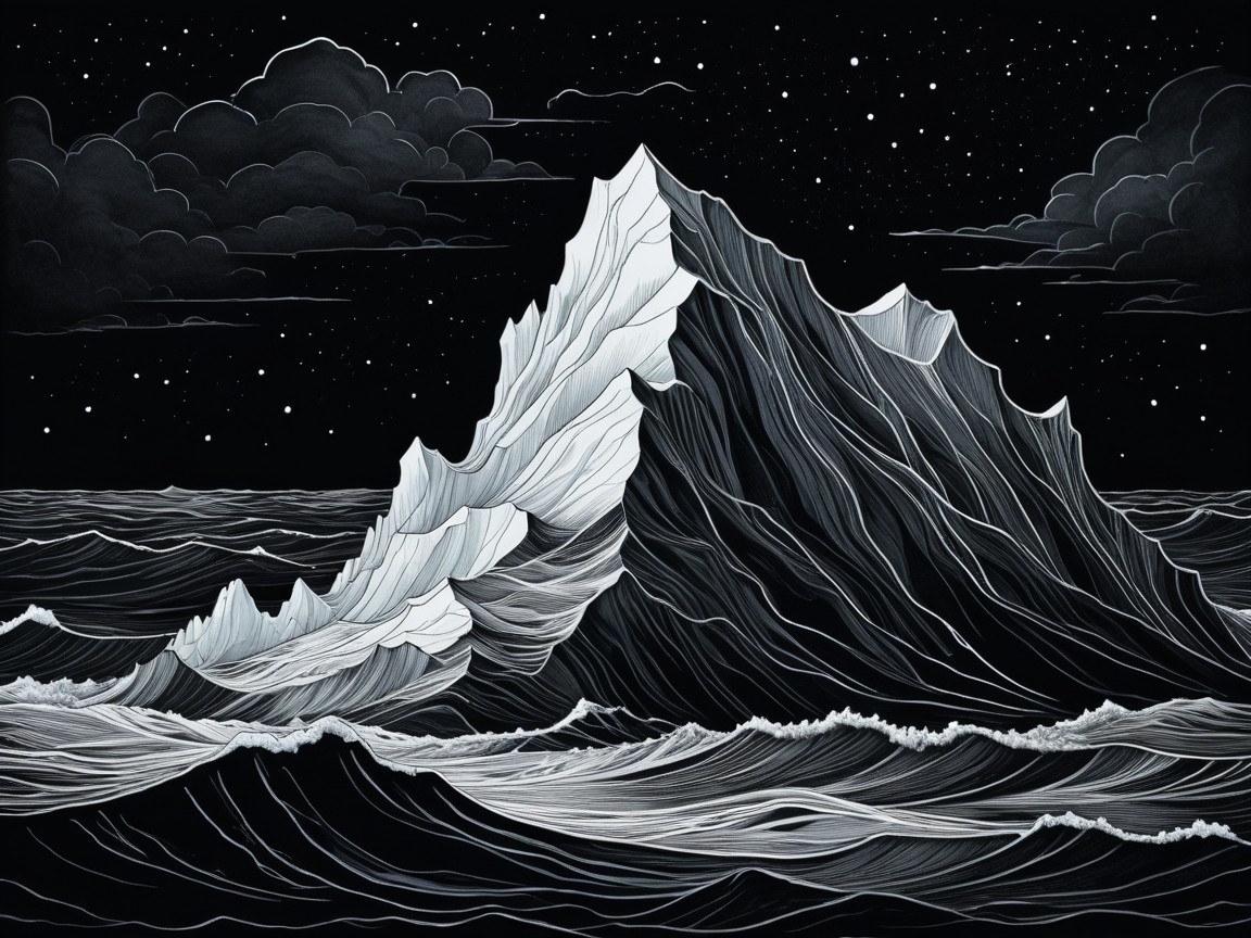 Dramatic Iceberg Against Dark Ocean Waves and Sky
