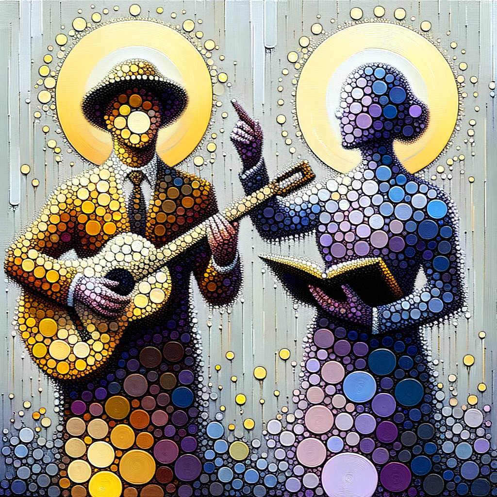 Artwork of Two Figures with Guitar and Book