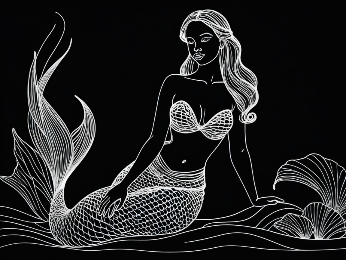 Stylized Mermaid Illustration on Black Background