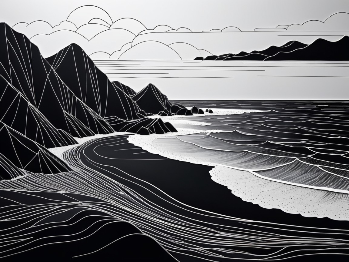 Black-and-White Coastal Landscape with Mountains and Waves