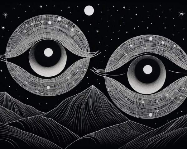 Stylized Eyes with Cosmic Background and Mountains