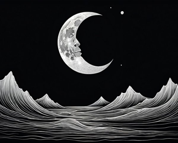 Serene Night Landscape with Mountains and Crescent Moon