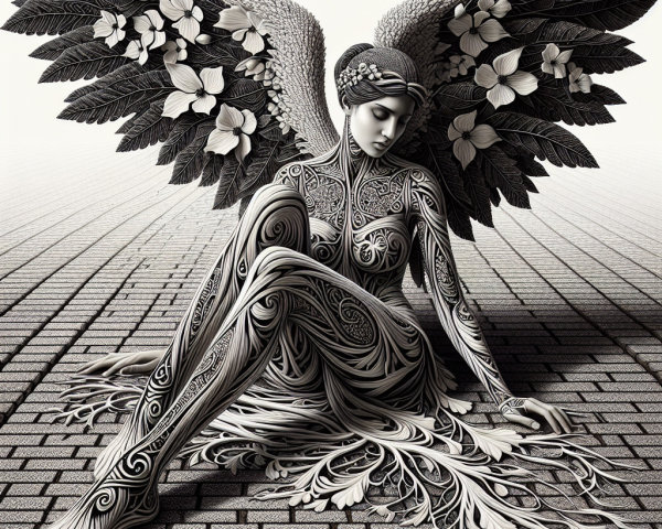 Woman with Black and White Body Art and Leaf Wings
