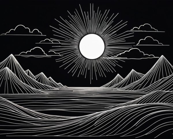 Black-and-white illustration of sun, clouds, and sea