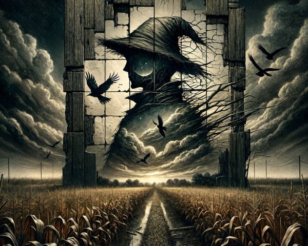 Surreal Landscape with Cornstalk Pathway and Crows