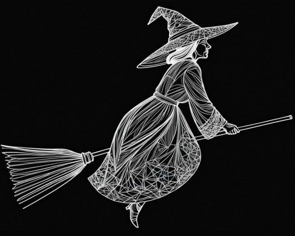 Intricate Outline of a Witch Flying at Night