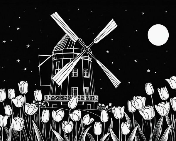 Black and White Illustration of Windmill and Tulips