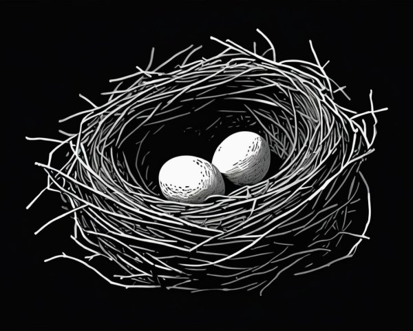 Monochromatic Illustration of a Bird's Nest with Eggs