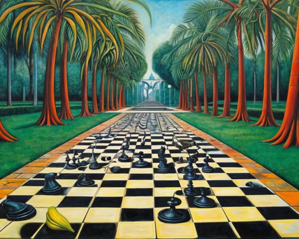 Surreal Landscape with Chessboard Path and Garden