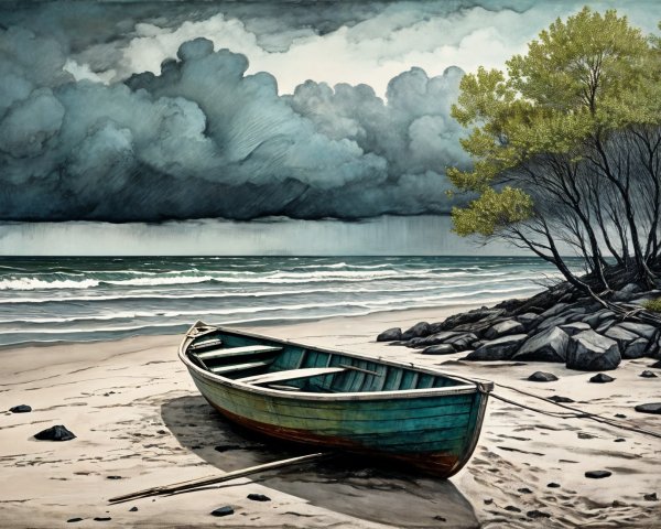 Weathered Boat on Sandy Beach Under Dark Clouds
