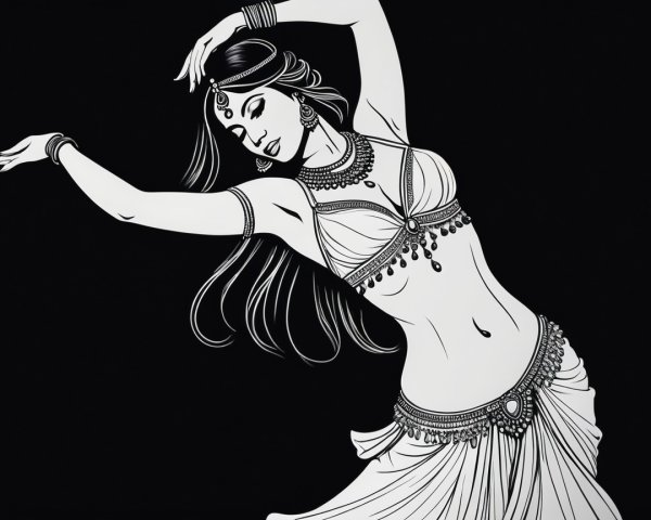Monochrome Illustration of a Dancer in Traditional Attire