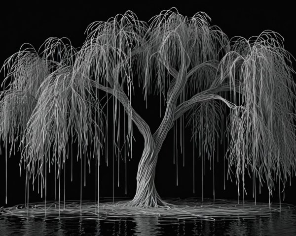 Monochromatic Willow Tree with Ethereal Reflection