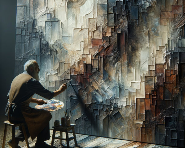 Elderly Artist Painting Abstract Canvas in Serene Studio