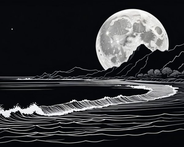 Black and White Coastal Scene with Full Moon Glow