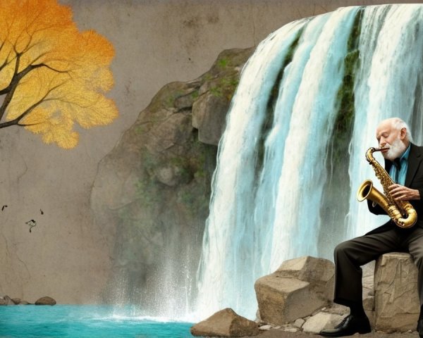 Elderly Man in Suit Playing Saxophone by Waterfall