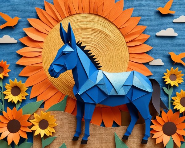 Vibrant paper art with blue horse and sunflowers