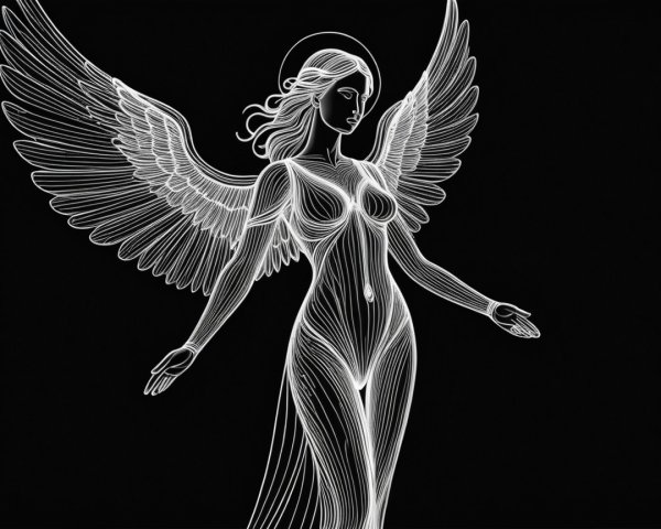 Ethereal Angel Figure with Flowing White Lines