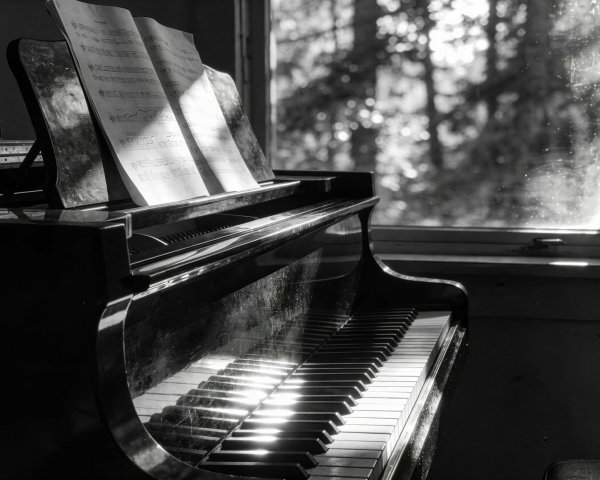 Old Black Piano in Dimly Lit Room with Sheet Music