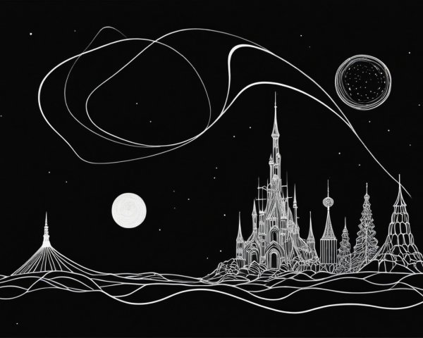 Monochromatic Landscape with Fairytale Castle and Moons