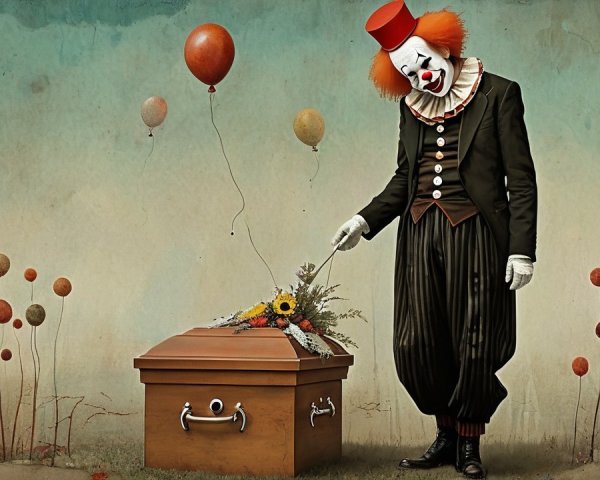 Somber Clown Beside Coffin in Dreamlike Landscape