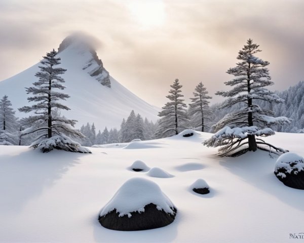 Winter Landscape with Snow-Covered Mountains and Trees