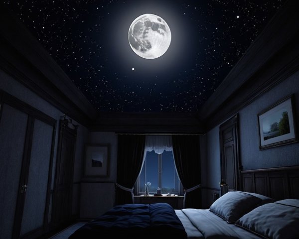 Cozy Bedroom at Night with Moon and Starry Ceiling
