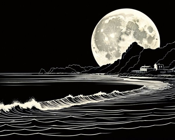 Black-and-White Landscape with Crescent Shoreline and Moon