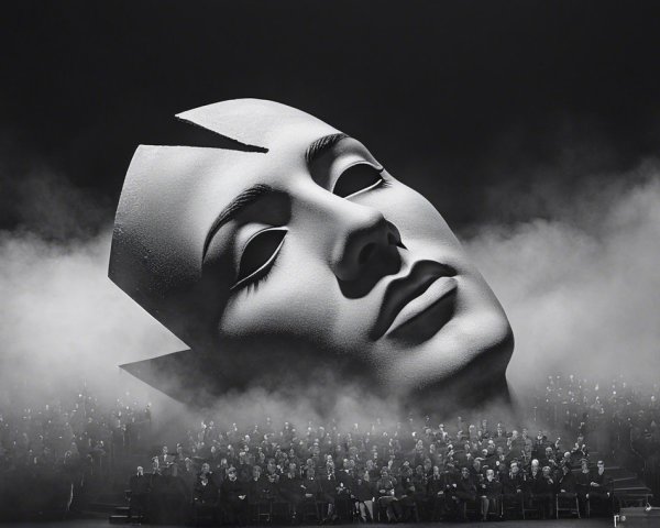 Dramatic Black-and-White Scene with Stylized Face