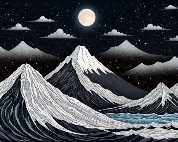 Dramatic Night Scene of Snow-Capped Mountains and Water