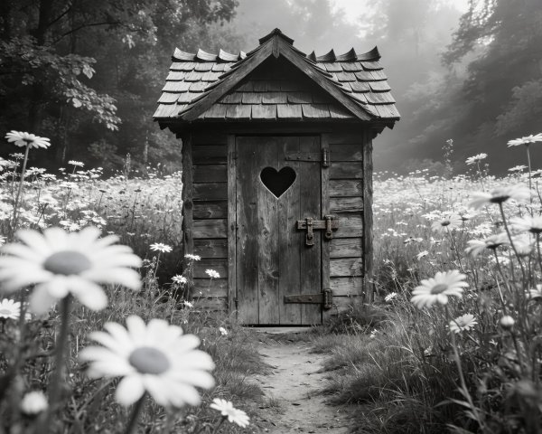Black and white photo of a wooden outhouse in daisies