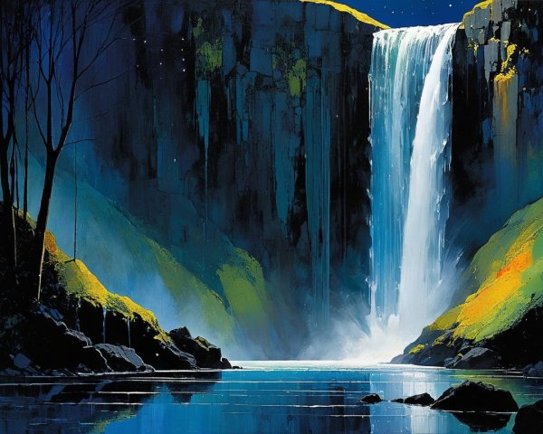 Serene Nighttime Landscape with Majestic Waterfall