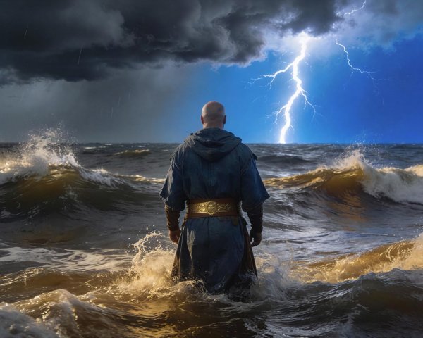 Bald Man in Turbulent Ocean with Stormy Sky