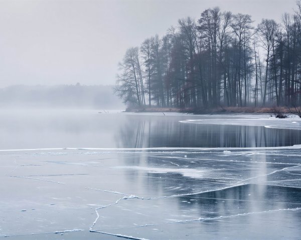 Winter Landscape with Frozen Lake and Bare Trees
