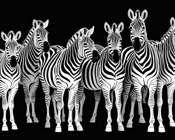 Seven Zebras in Bold Contrast Against Black Background