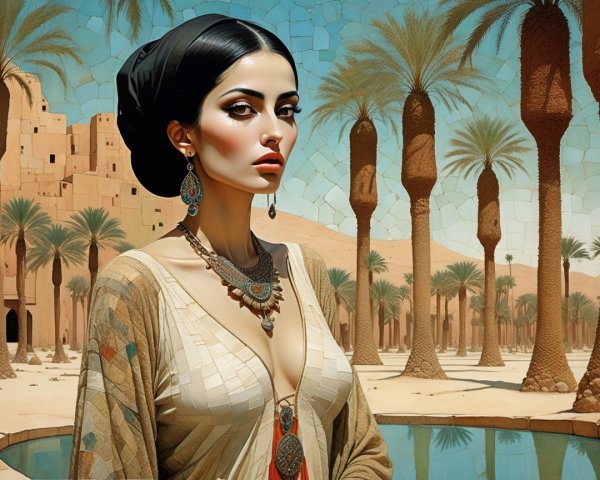 Figure in Oasis with Rich Fabrics and Jewelry