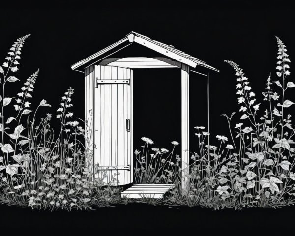 Wooden Shed Surrounded by Foliage and Wildflowers