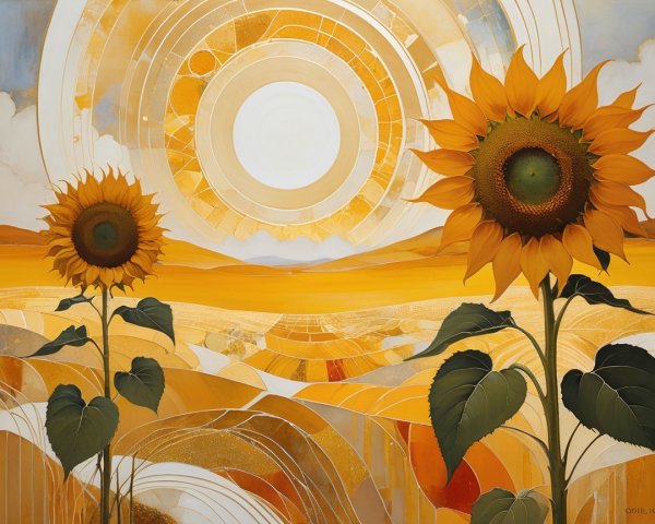 Sunflowers Against a Warm Abstract Landscape