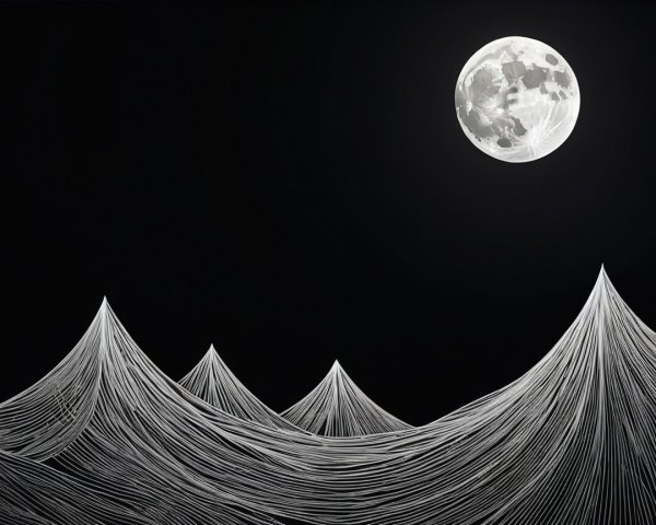 Black-and-white illustration of a luminous moon over mountains