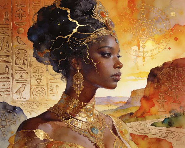 Black Egyptian Goddess with Gold Accents and Hieroglyphs