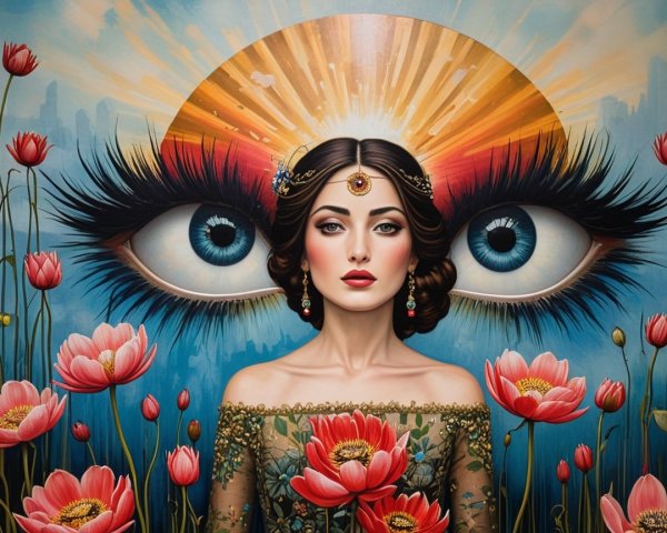 Woman in Floral Dress with Vibrant Background and Flowers