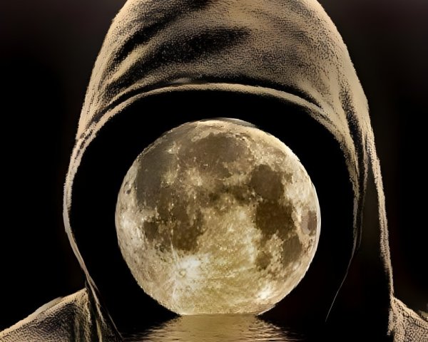 Mysterious Hooded Figure by Moonlit Water Surface