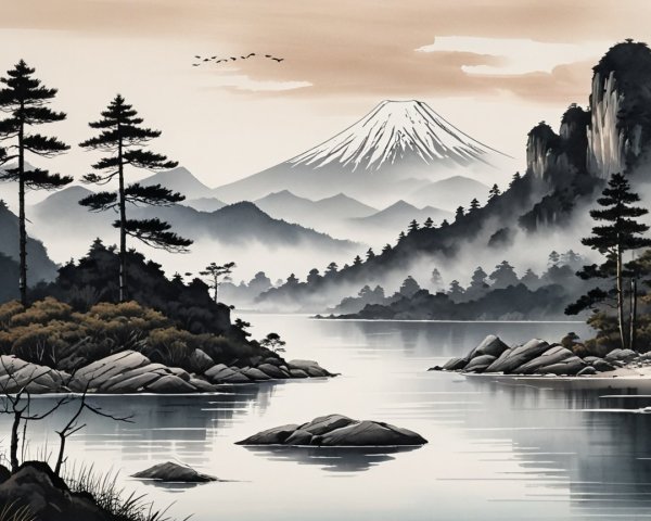 Tranquil River Landscape with Mountains and Pine Trees